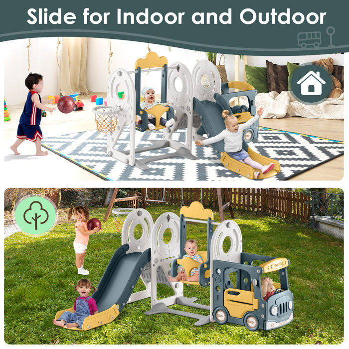 Suteck 5 in 1 Toddler Slide, Kids Slide with Climber,Bus Playhouse and